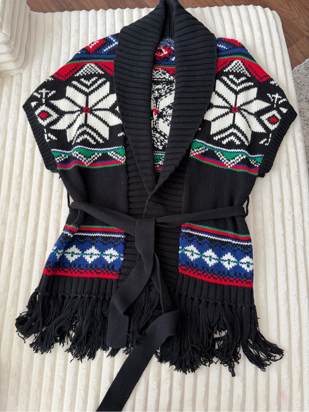 Ralph Lauren Black Shawl Collar Belted Cardigan with Nordic Snowflake
